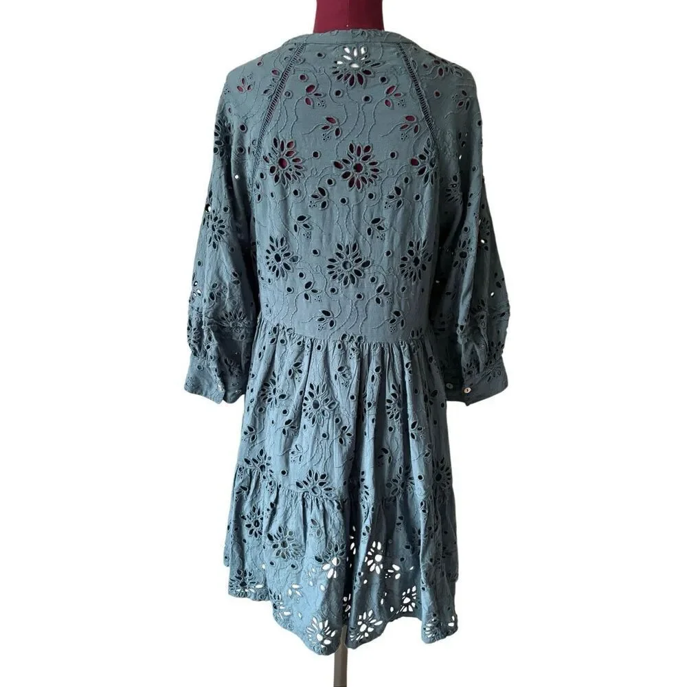 DRA Los Angeles Teal‎ Eyelet Dress Anthropologie Size Small Quarter Sleeves